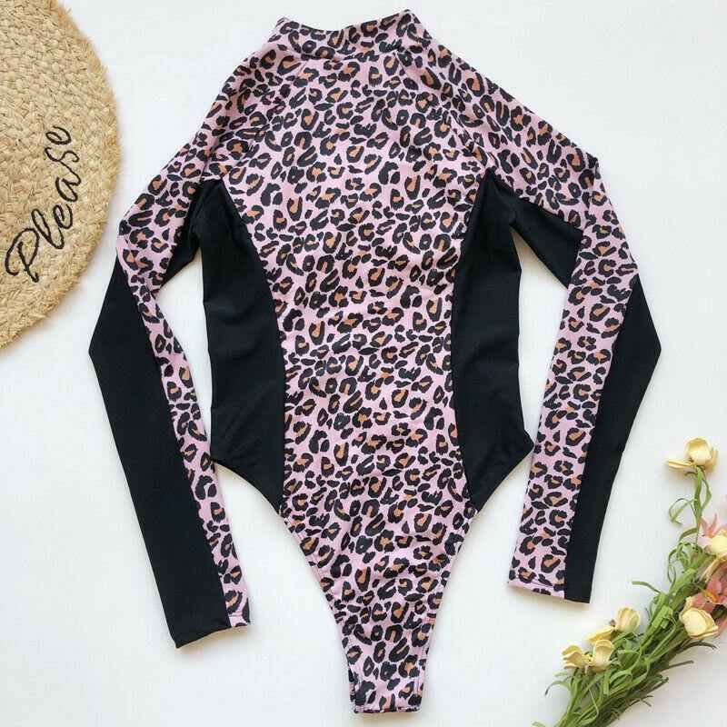 Long Sleeves Zippered One Piece Swimsuits-Women Swimwear-L-Leopard-Free Shipping Leatheretro