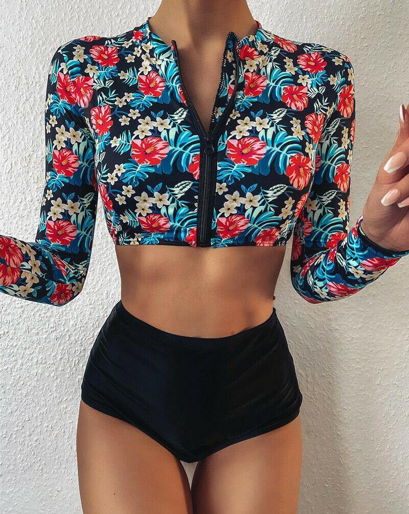 Long Sleeve High Waist Flower Zippered Swimsuit-Shirts&Blouses-Pink Flower-L-Free Shipping Leatheretro