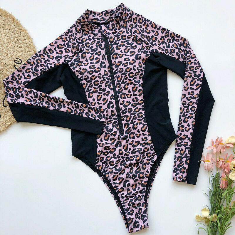 Long Sleeves Zippered One Piece Swimsuits-Women Swimwear-L-Leopard-Free Shipping Leatheretro