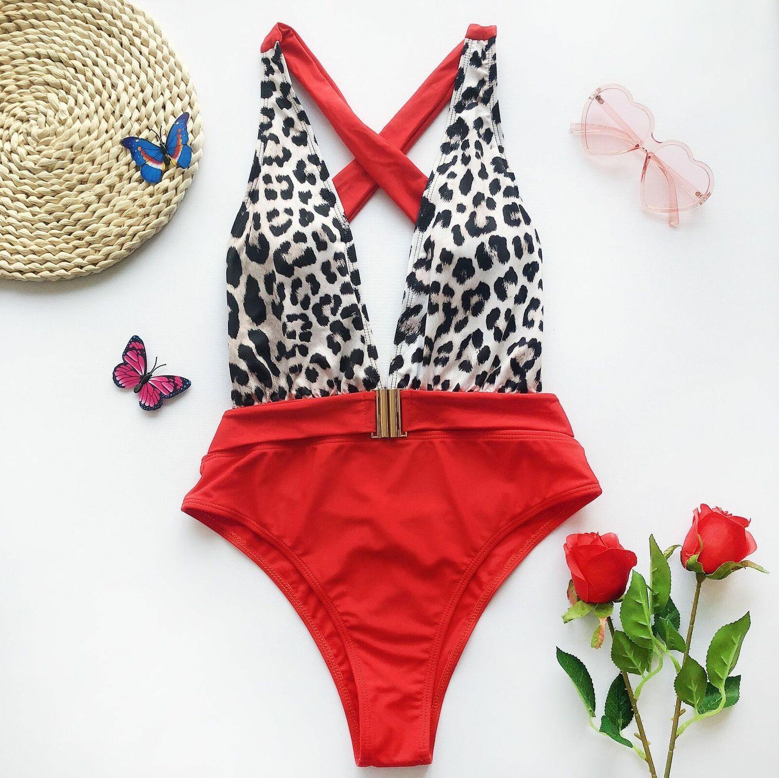 Womens Cross Back One Piece Monokini-Women Swimwear-Red Leopard-S-Free Shipping Leatheretro