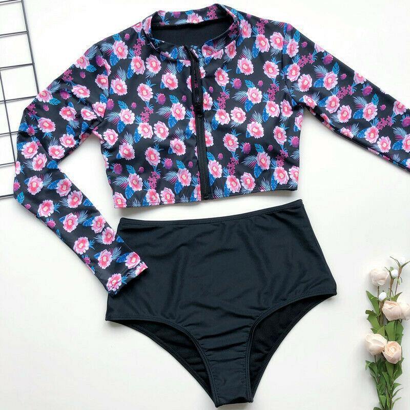 Long Sleeve High Waist Flower Zippered Swimsuit-Shirts&Blouses-Pink Flower-L-Free Shipping Leatheretro