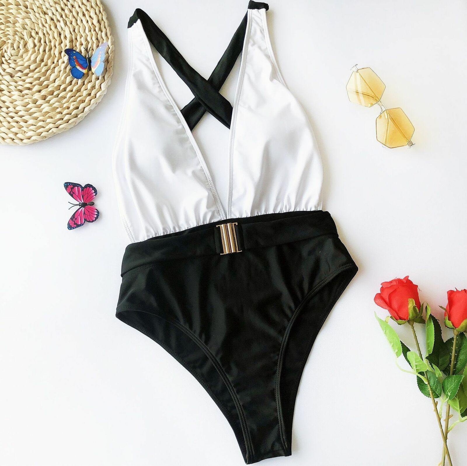 Womens Cross Back One Piece Monokini-Women Swimwear-Black+White-L-Free Shipping Leatheretro