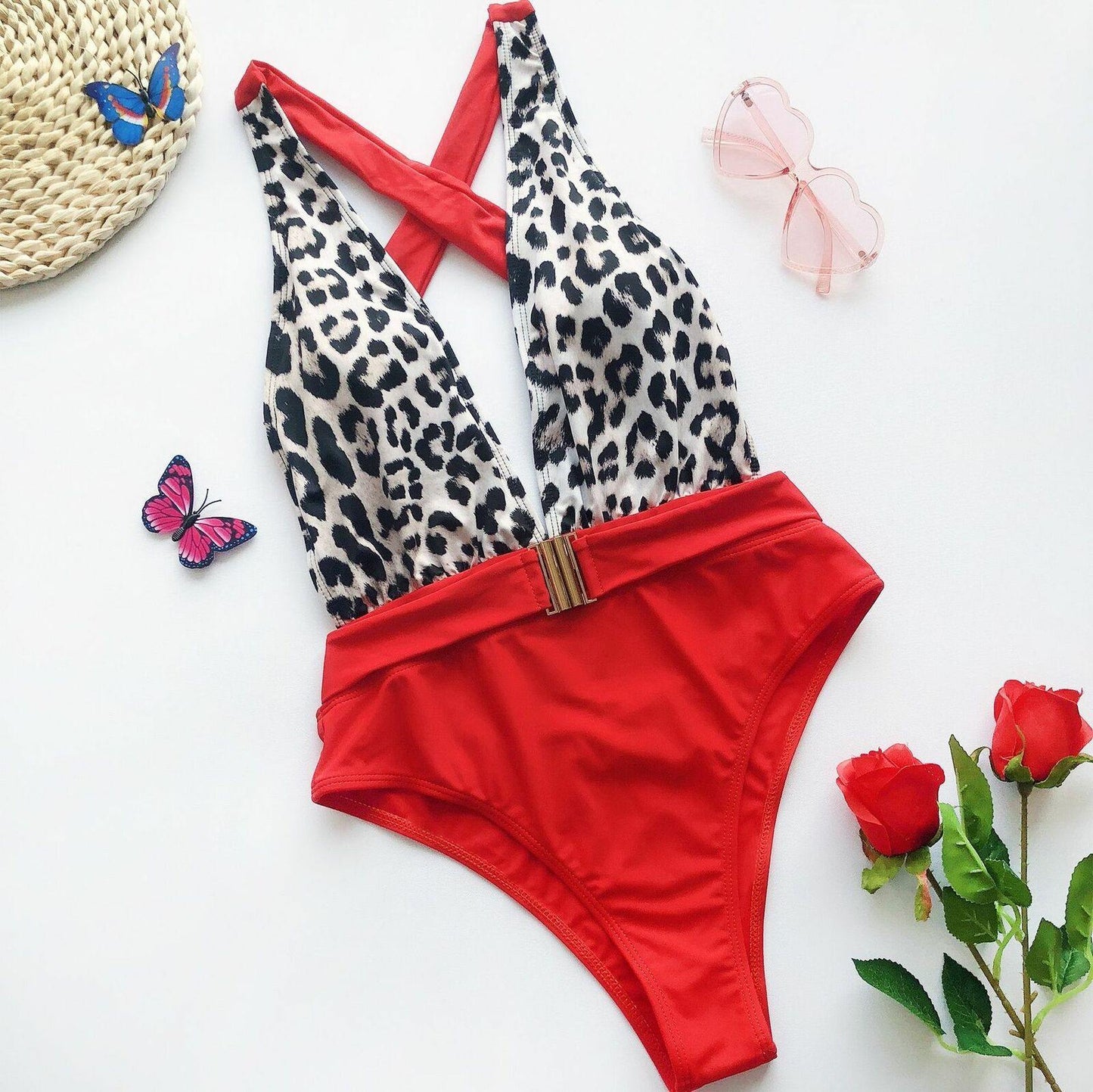 Womens Cross Back One Piece Monokini-Women Swimwear-Red Leopard-S-Free Shipping Leatheretro