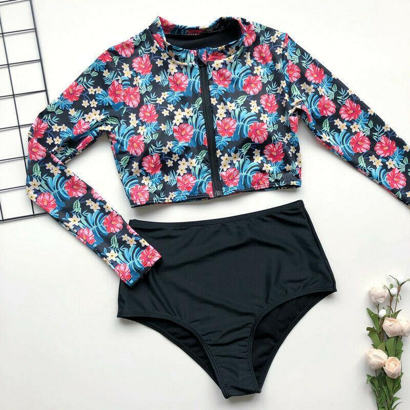 Long Sleeve High Waist Flower Zippered Swimsuit-Shirts&Blouses-Red Flower-M-Free Shipping Leatheretro