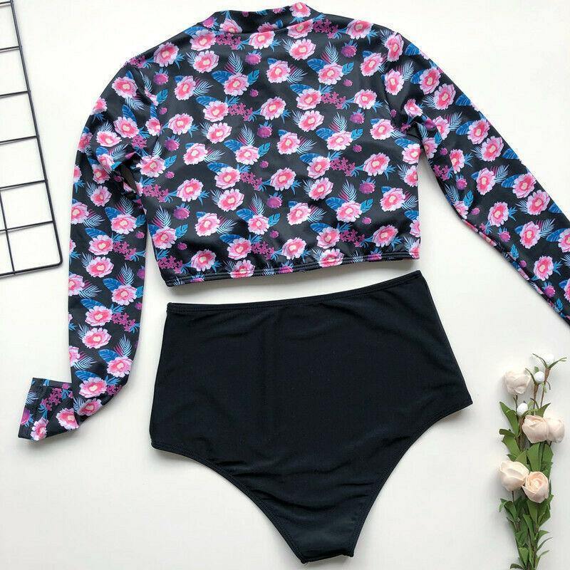 Long Sleeve High Waist Flower Zippered Swimsuit-Shirts&Blouses-Pink Flower-L-Free Shipping Leatheretro