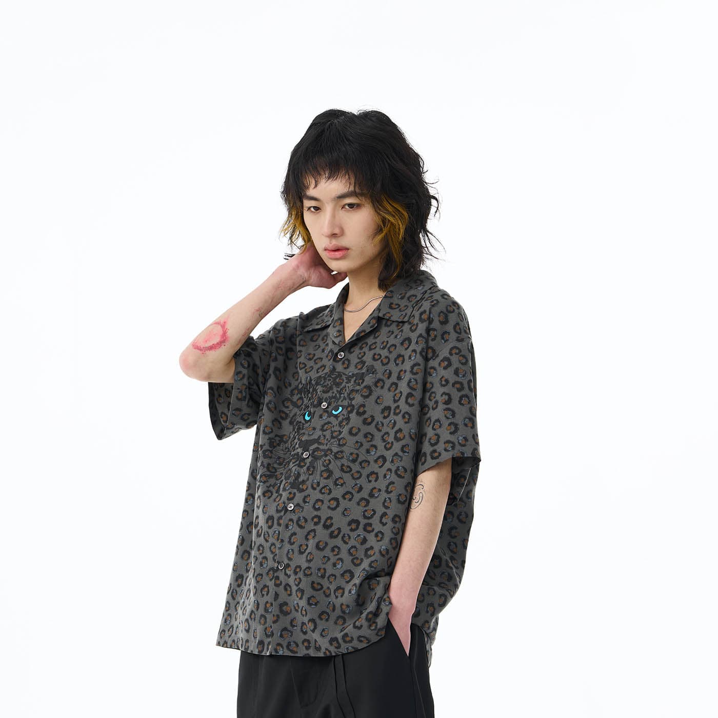 EPIC POETRY Leopard Face Half Shirt Grey-Half shirt-S-Free Shipping Leatheretro