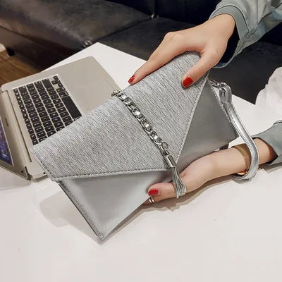 PU leather Tassels ladies Women Shoulder Bag - Envelope Clutches Purse-Clutch-Silver-Free Shipping Leatheretro