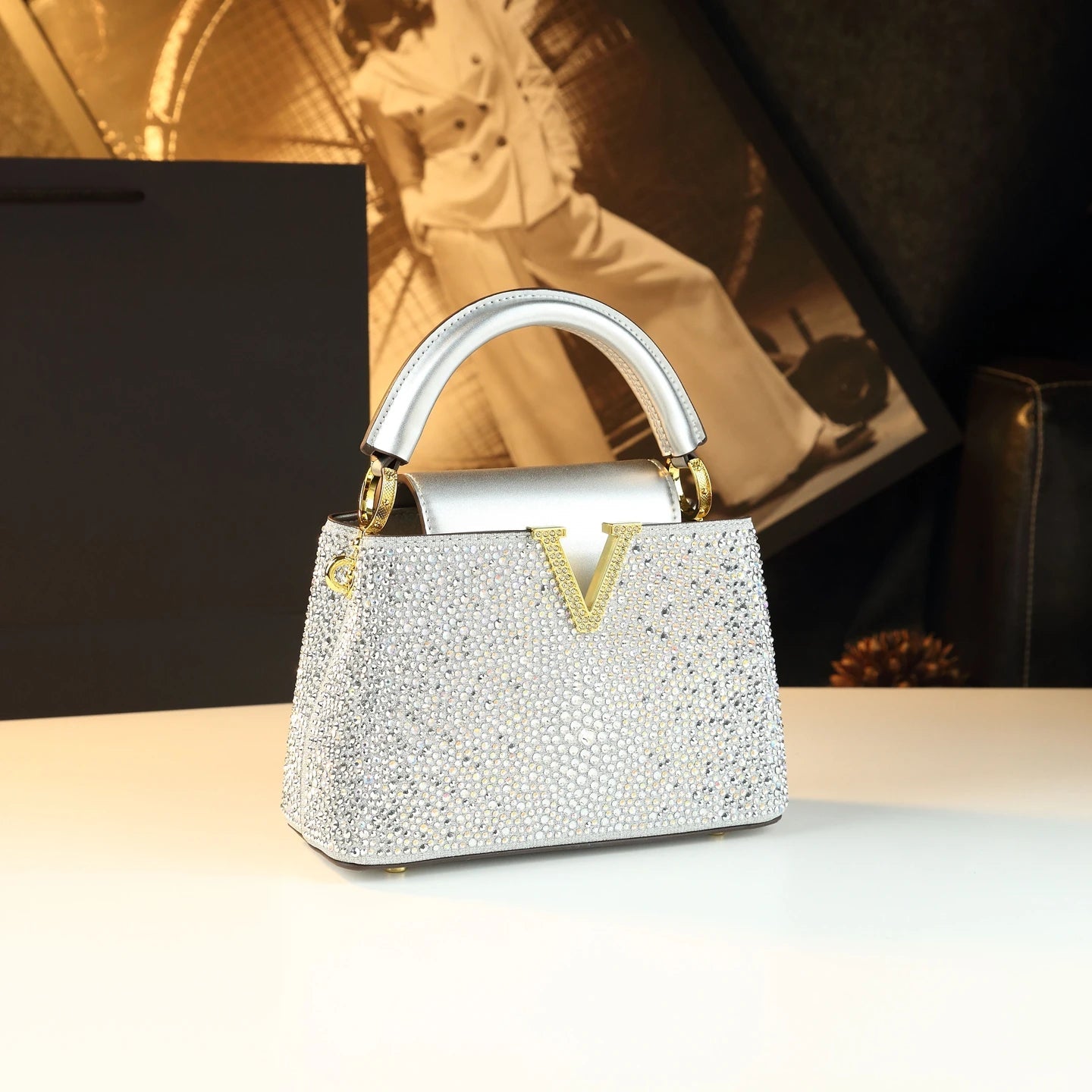 Genuine Leather V Letter Small Crossbody Bag - Diamonds Luxury Messenger Shell Bags-Crossbody Bag-Silver-Free Shipping Leatheretro