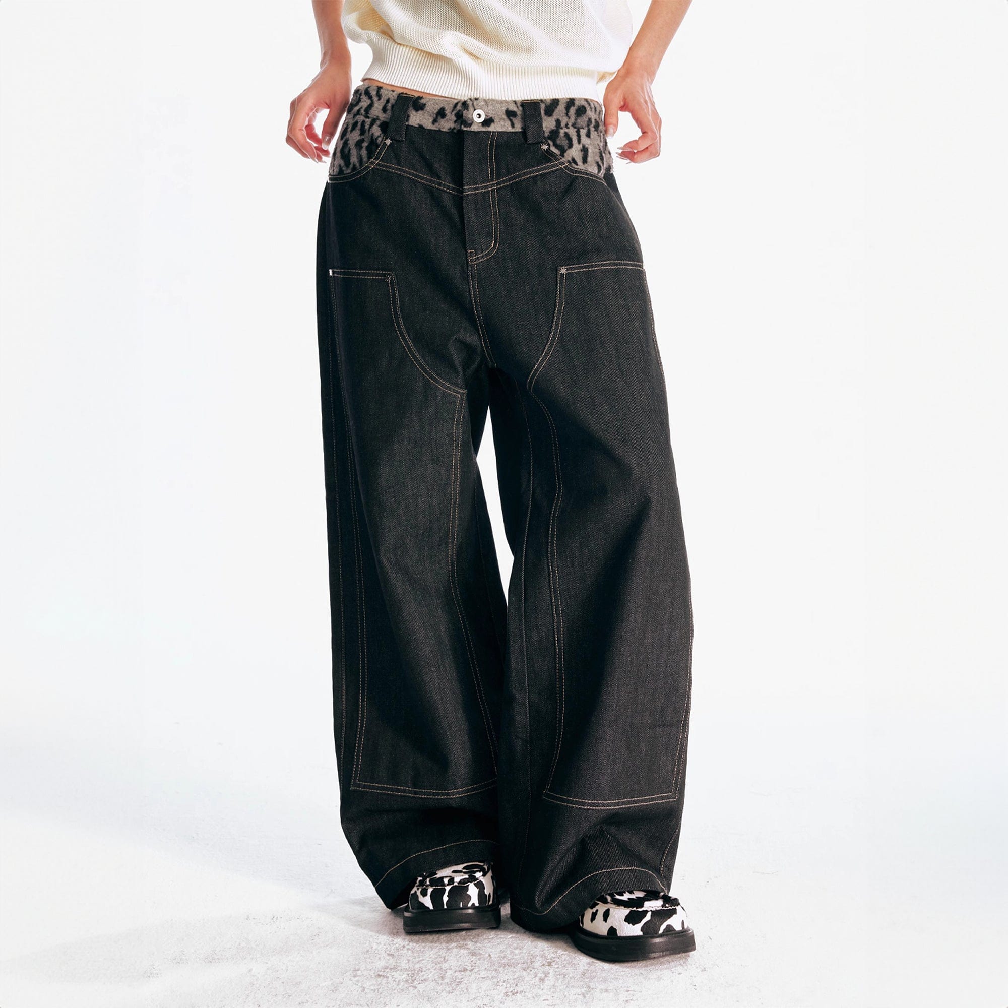 1997 POSTOFFICE Leopard Waist Double-Knee Wide-Leg Pants-Pants-S-Free Shipping Leatheretro