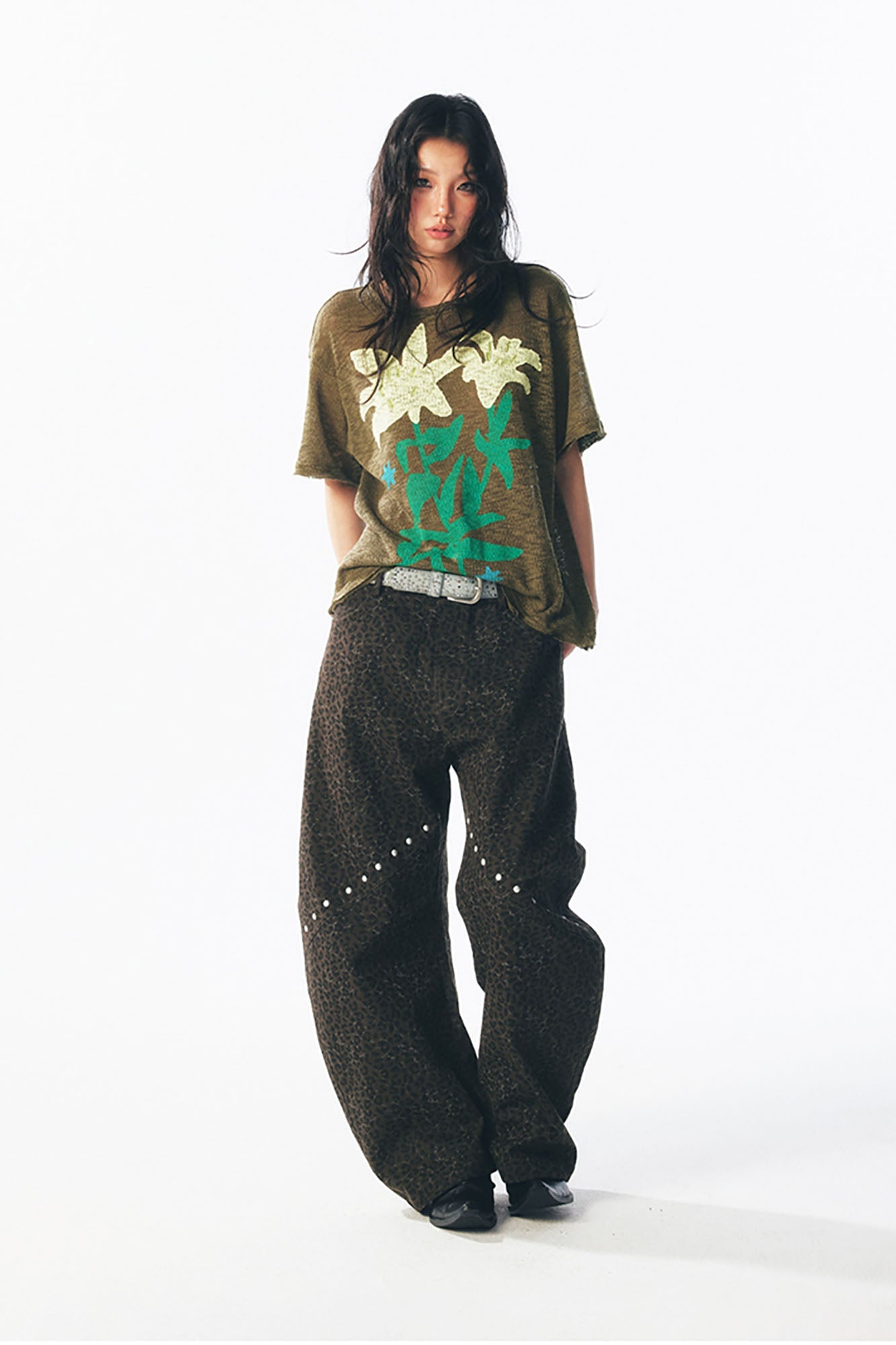 1997 POSTOFFICE Distressed Sheer Lily Flower Tee-T Shirt-S-Dark Green-Free Shipping Leatheretro