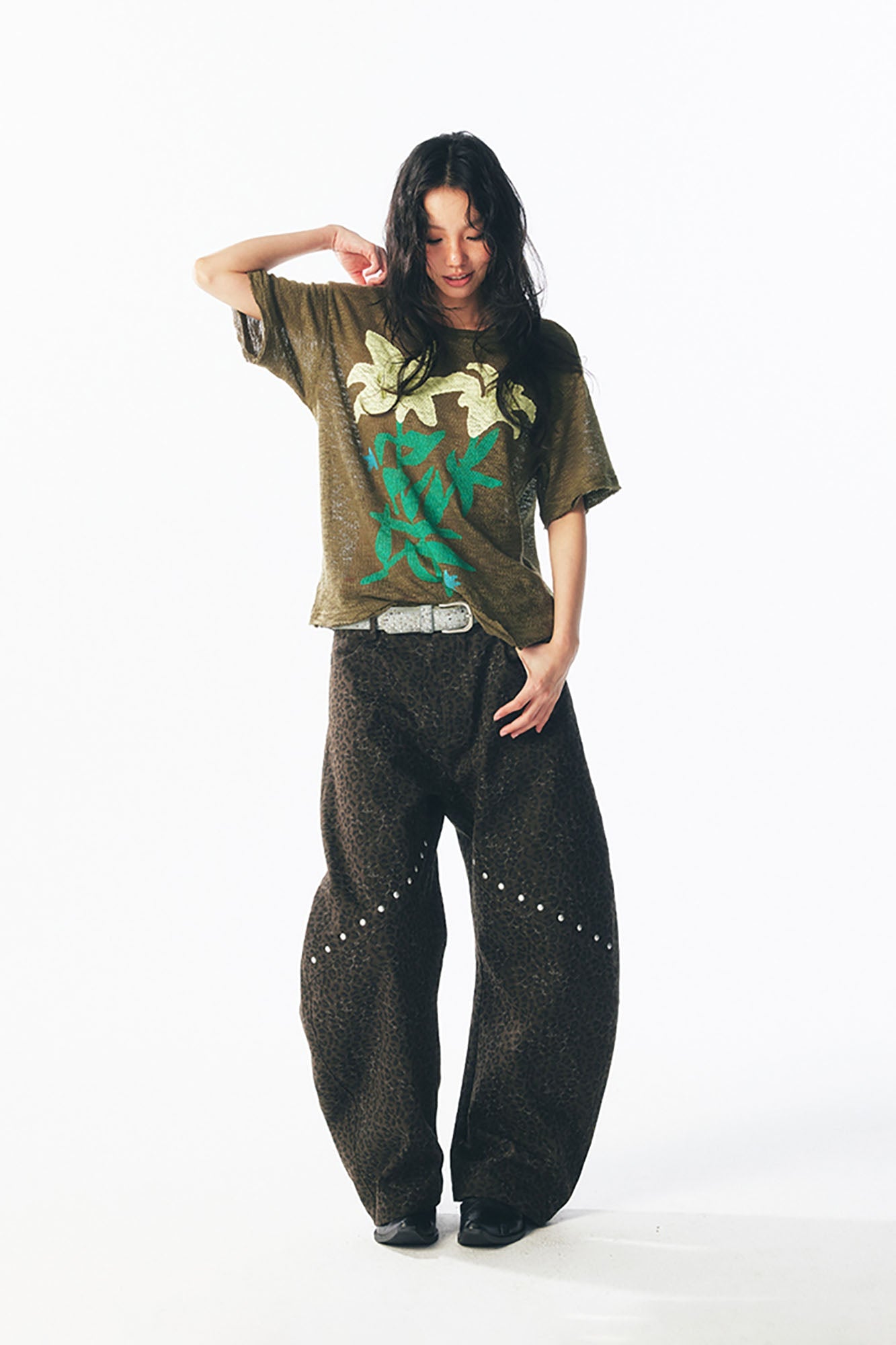 1997 POSTOFFICE Distressed Sheer Lily Flower Tee-T Shirt-S-Dark Green-Free Shipping Leatheretro