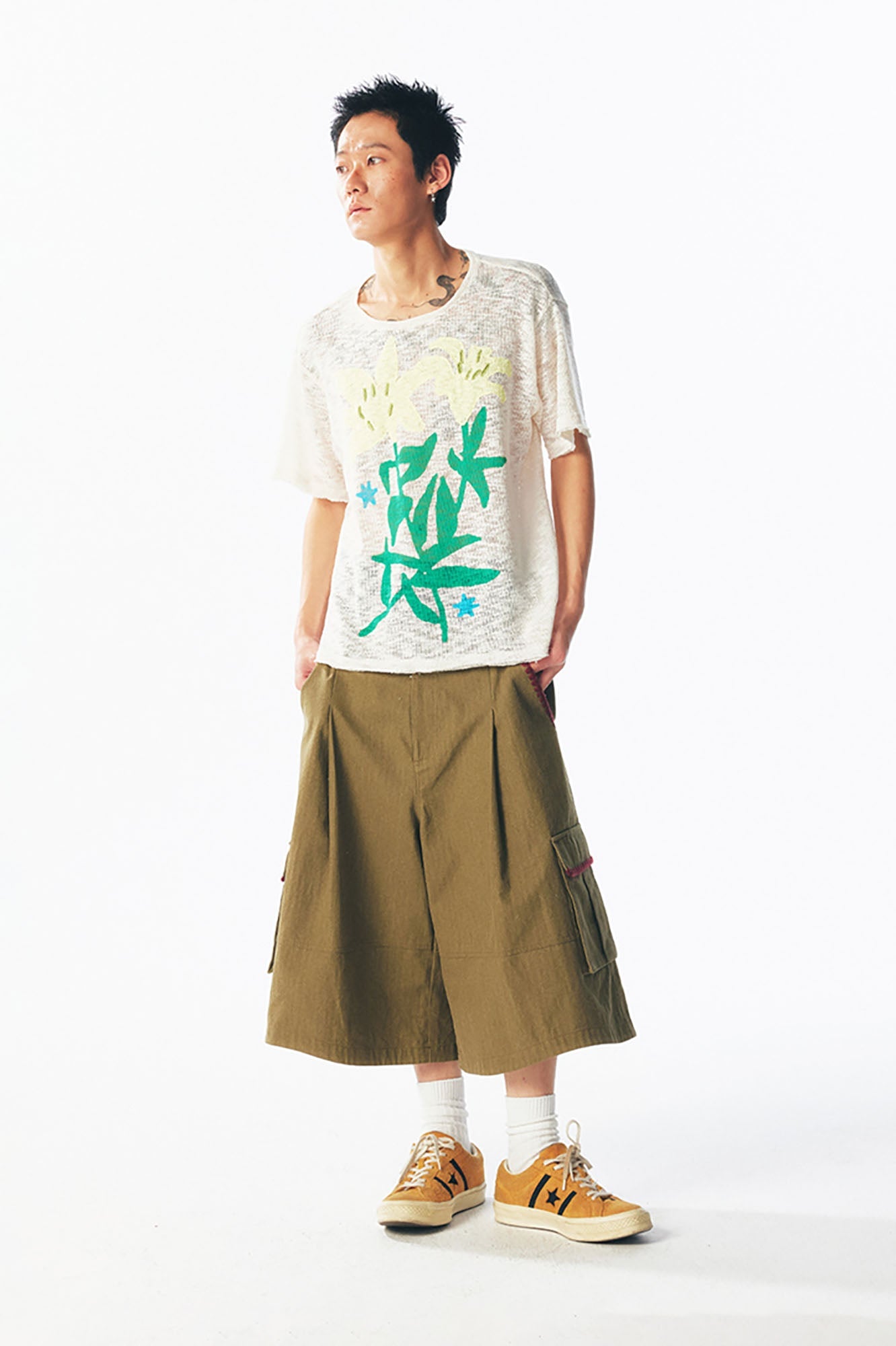 1997 POSTOFFICE Distressed Sheer Lily Flower Tee-T Shirt-S-Dark Green-Free Shipping Leatheretro