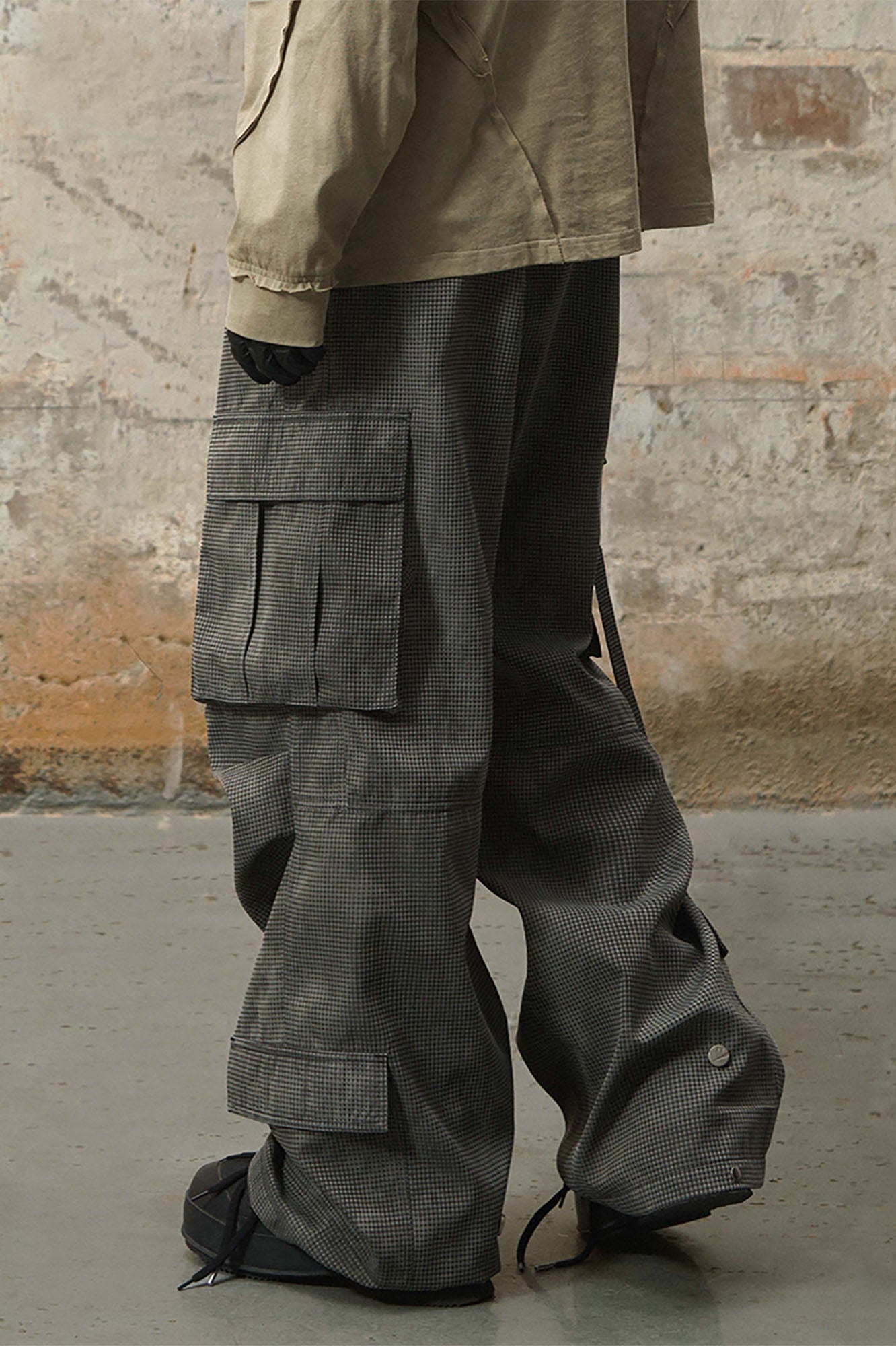 RELABEL Mini Checker Multi-Pocket Strap Pleated Cargo Pants Dark Gray-Pants-XS-Free Shipping Leatheretro