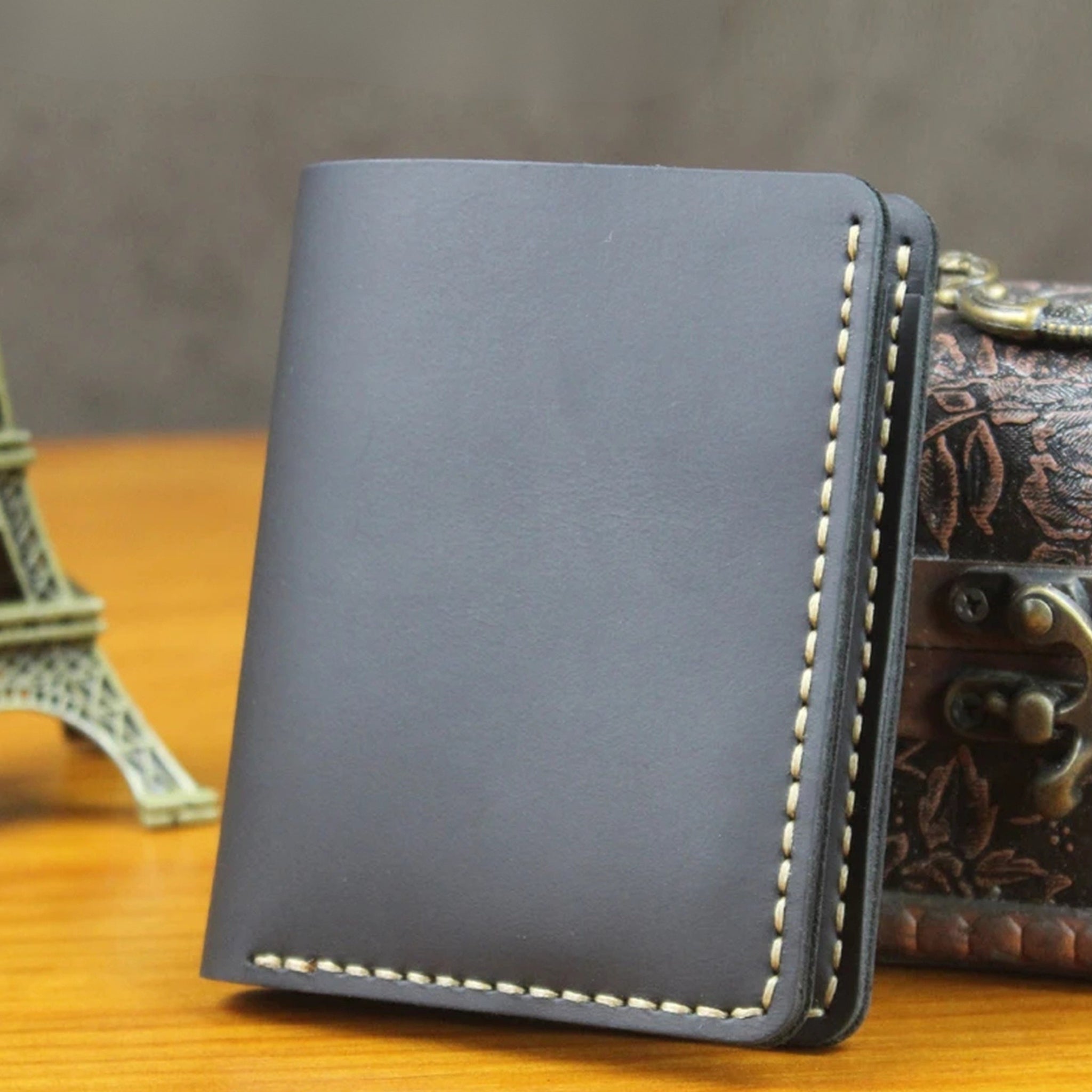 Vintage Crazy Horse Leather Short Wallet - Handmade Money Clip Purse-Wallets & Money Clips-Vertical Black-Free Shipping Leatheretro