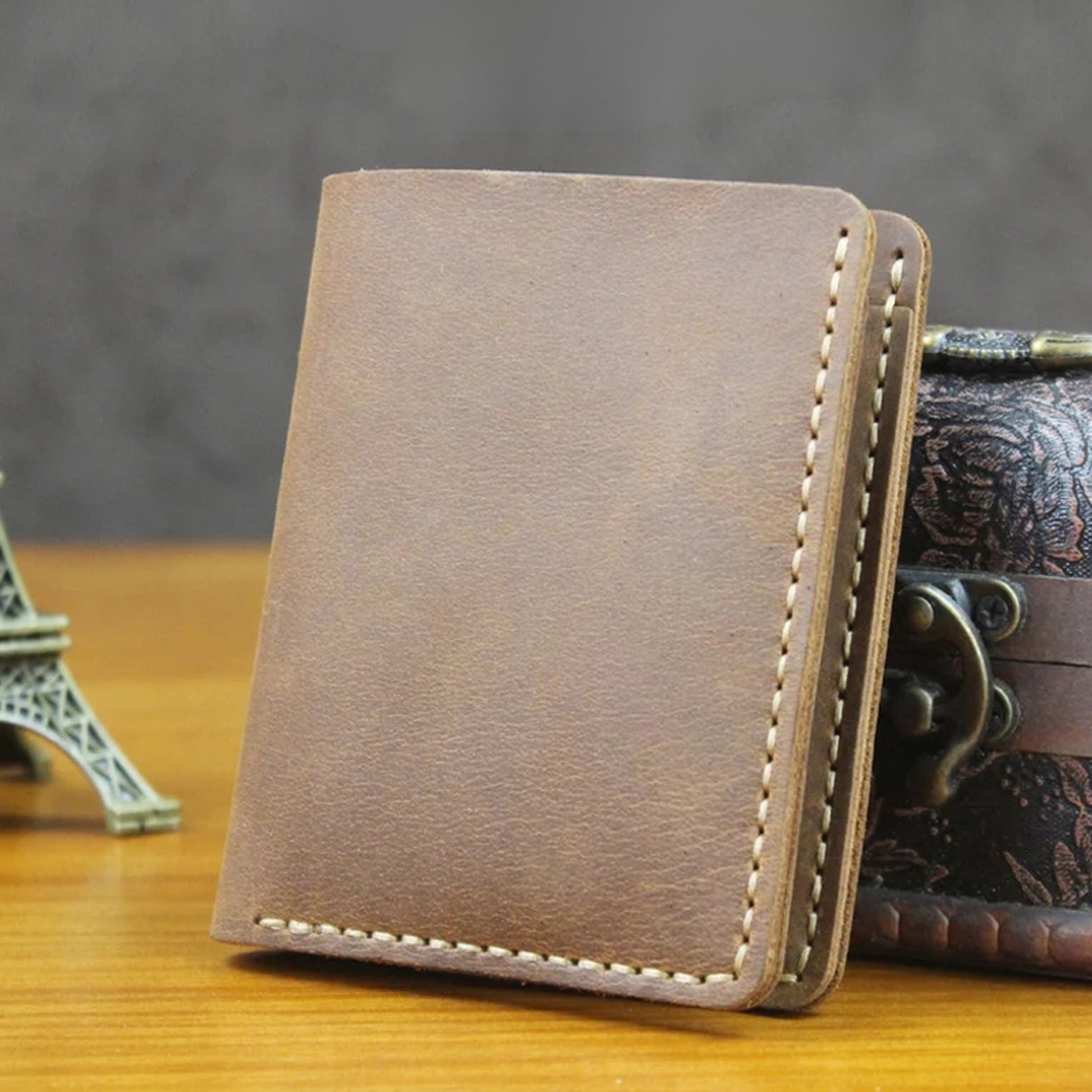 Vintage Crazy Horse Leather Short Wallet - Handmade Money Clip Purse-Wallets & Money Clips-Vertical Brown-Free Shipping Leatheretro