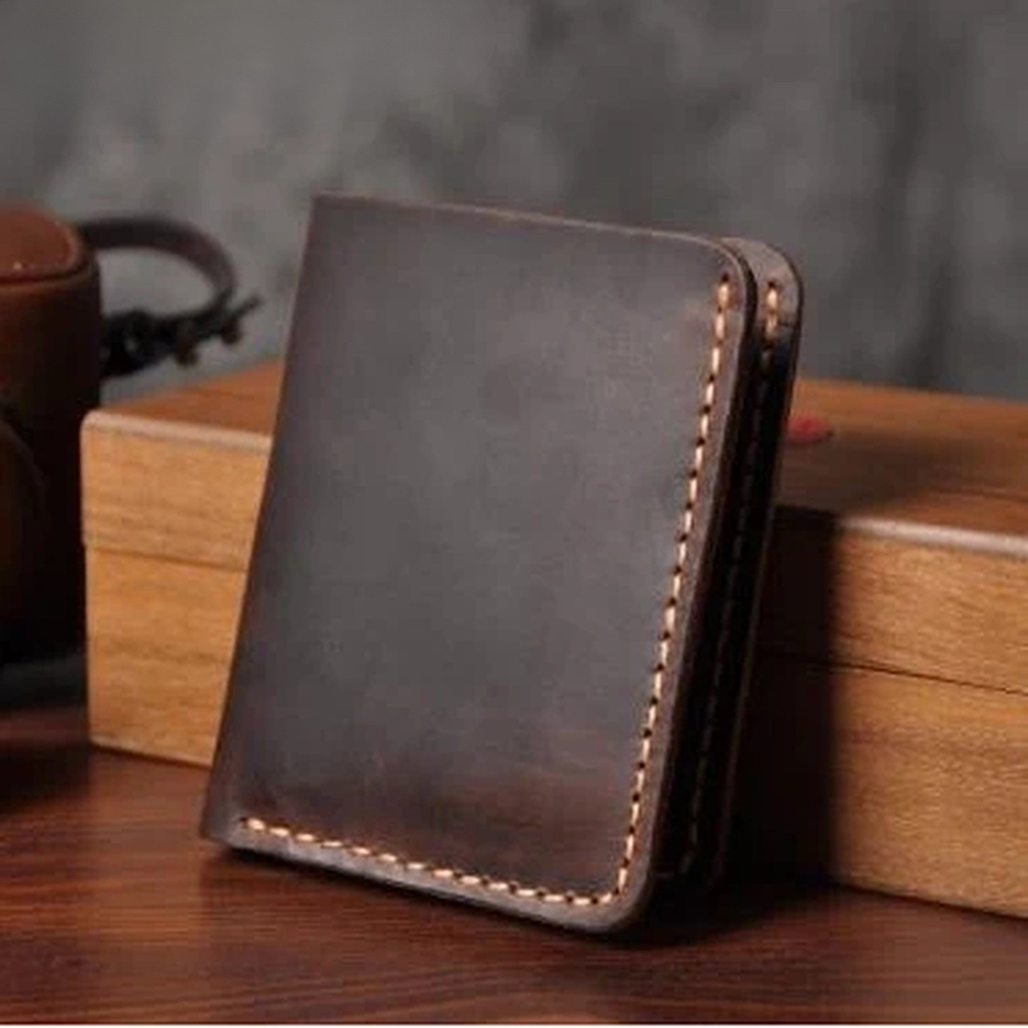 Vintage Crazy Horse Leather Short Wallet - Handmade Money Clip Purse-Wallets & Money Clips-Vertical Coffee-Free Shipping Leatheretro