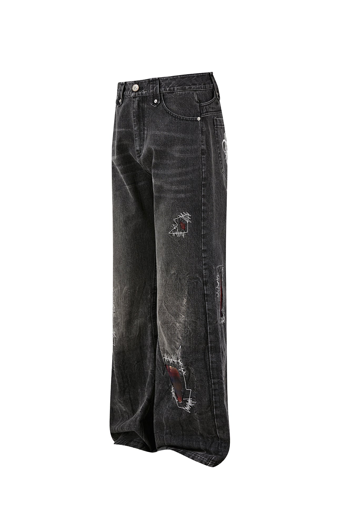 PASET Plaid Patch Distressed Back Buckle Jeans-Jeans-S / 28"-Free Shipping Leatheretro