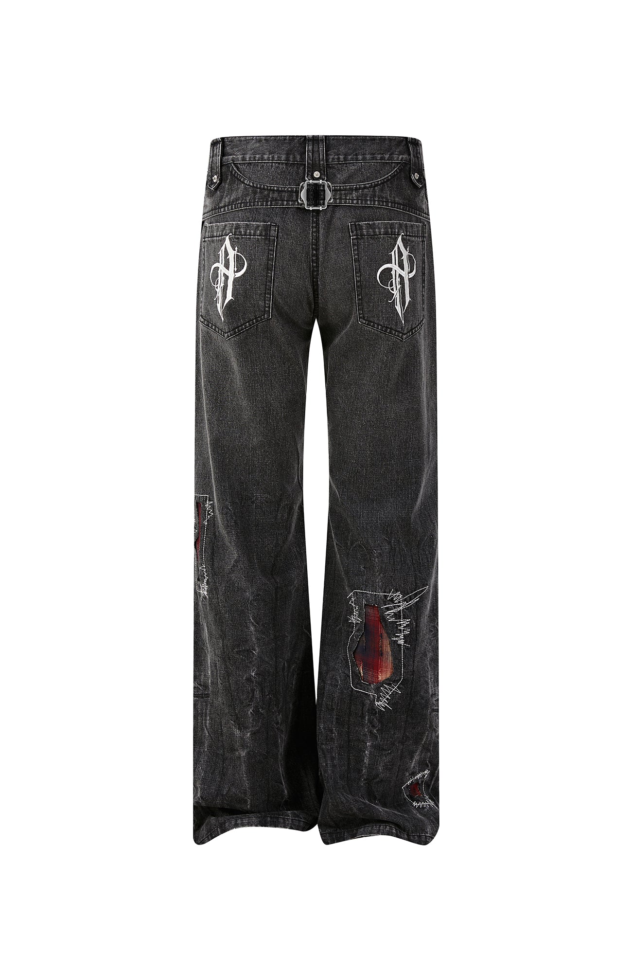 PASET Plaid Patch Distressed Back Buckle Jeans-Jeans-S / 28"-Free Shipping Leatheretro