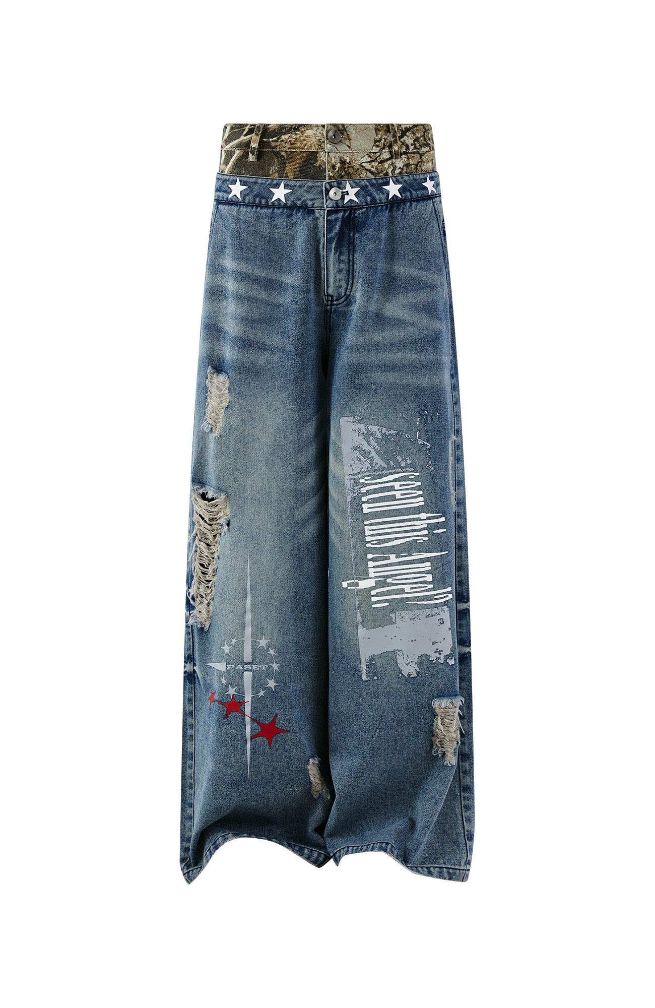 PASET Double Waist Camo Panel Distressed Jeans-Jeans-S / 28"-Free Shipping Leatheretro