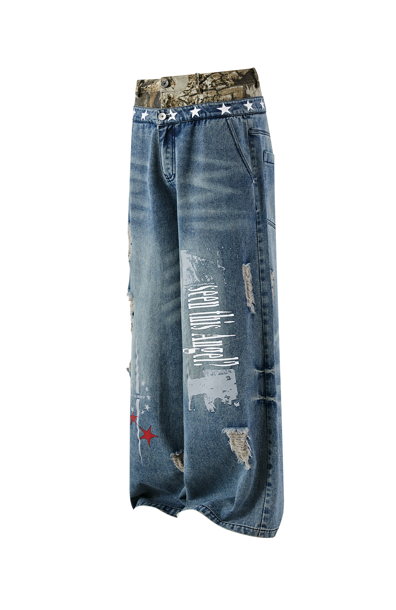 PASET Double Waist Camo Panel Distressed Jeans-Jeans-S / 28"-Free Shipping Leatheretro