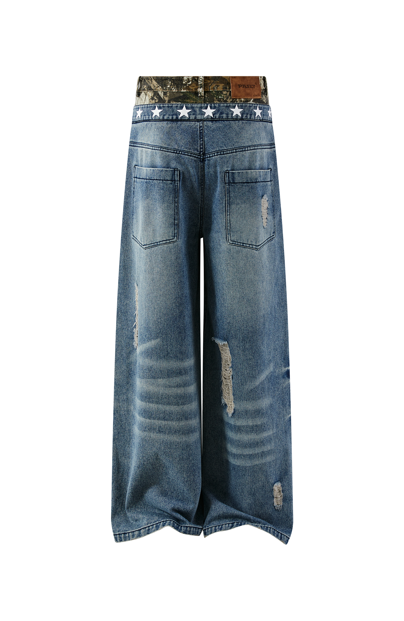PASET Double Waist Camo Panel Distressed Jeans-Jeans-S / 28"-Free Shipping Leatheretro