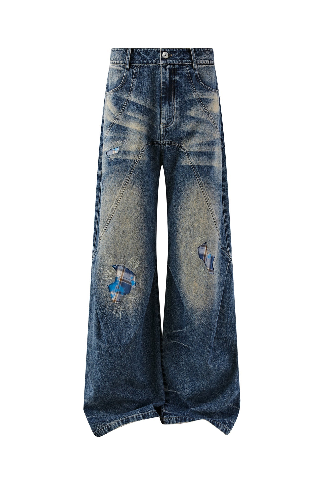 PASET Plaid Patch Distressed Wide-Leg Jeans-Jeans-S / 28"-Free Shipping Leatheretro