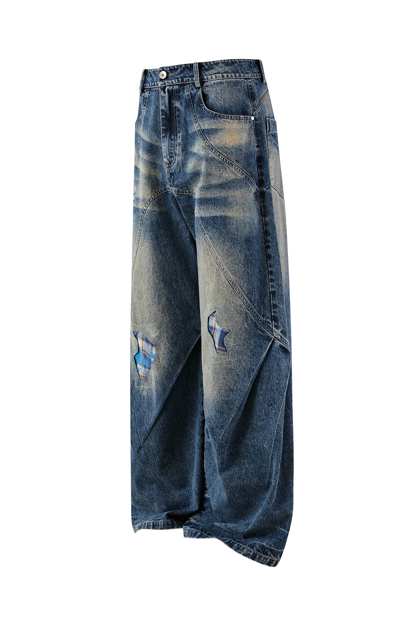 PASET Plaid Patch Distressed Wide-Leg Jeans-Jeans-S / 28"-Free Shipping Leatheretro