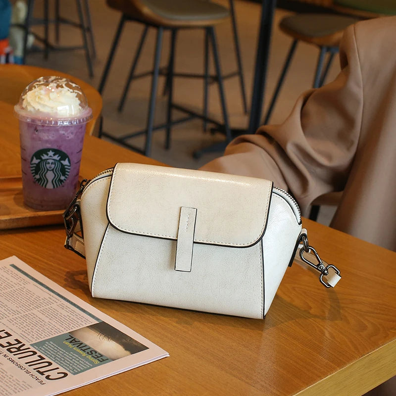 Oil Wax Cowhide Leather Crossbody Bag - Fashionable Versatile Shoulder Shell Handbag-Crossbody Bag-White-Free Shipping Leatheretro