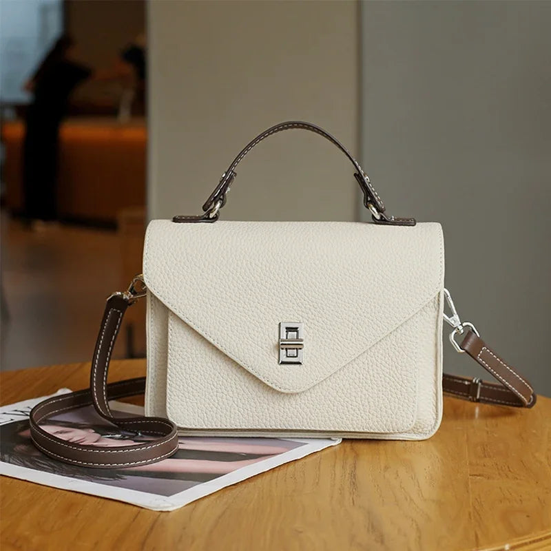 Cowhide Casual Crossbody Bag - Women Genuine Leather Handbag-Handbags-White-Free Shipping Leatheretro