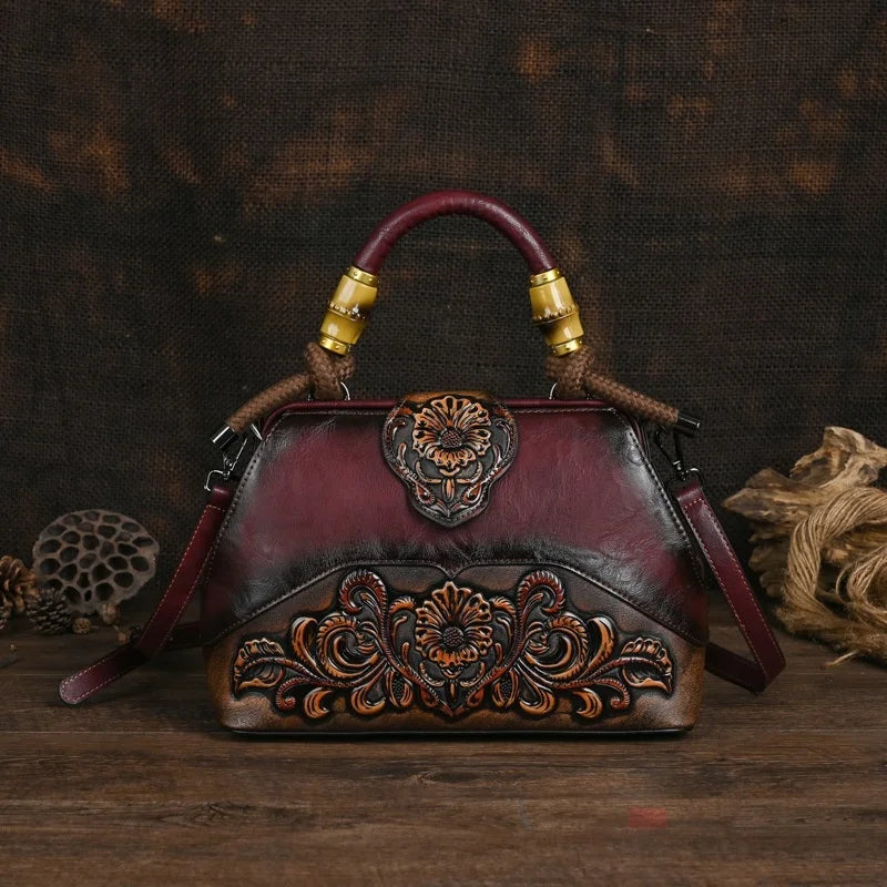 Women Leather Handmade Luxury Shoulder Handbag - Vintage Carved Ladies Bag-Wine Red-Free Shipping Leatheretro