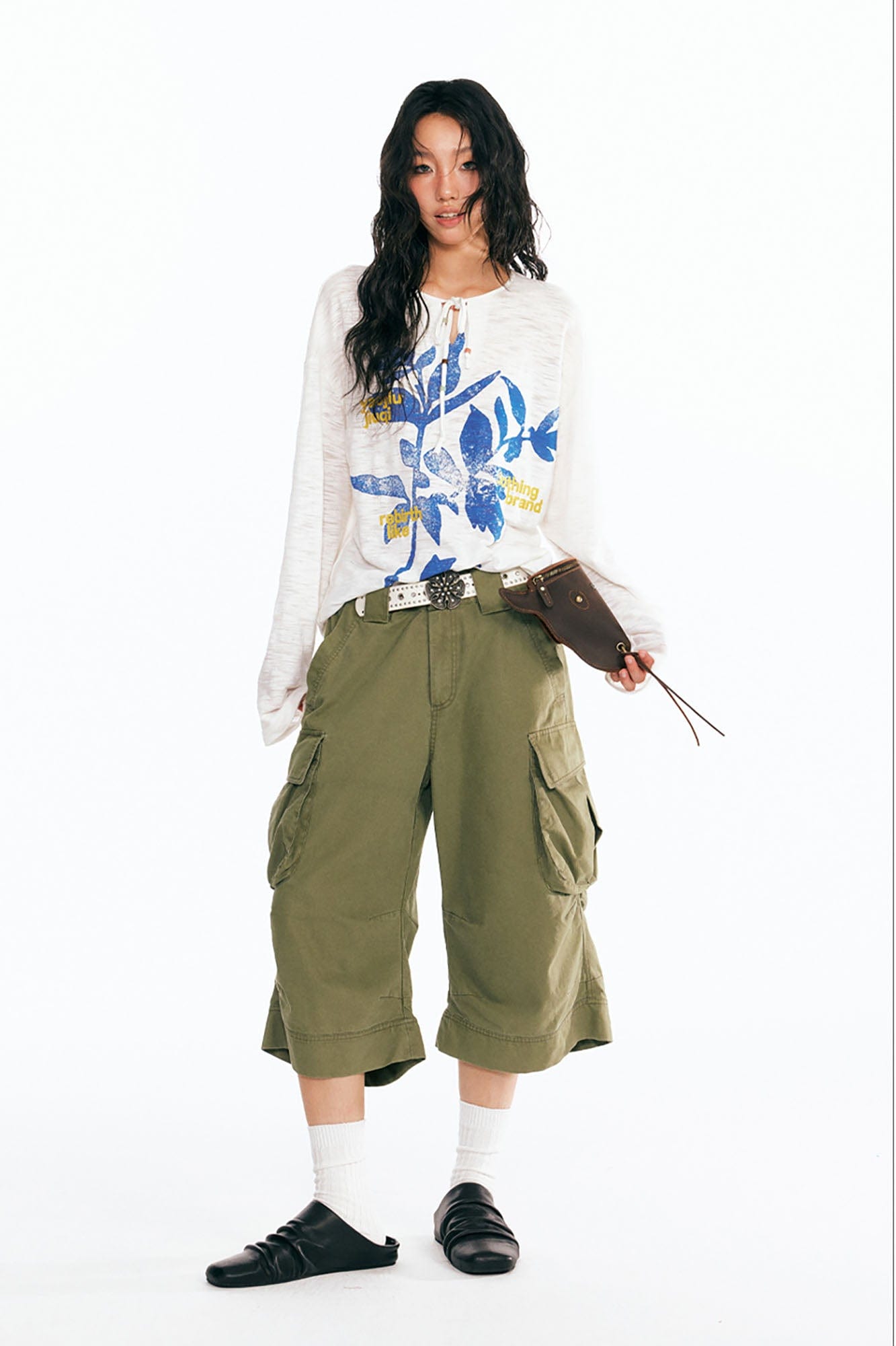 1997 POSTOFFICE Sesame Leaves Drawstring Neck Long-Sleeve Tee-L/S Tee-S-White-Free Shipping Leatheretro