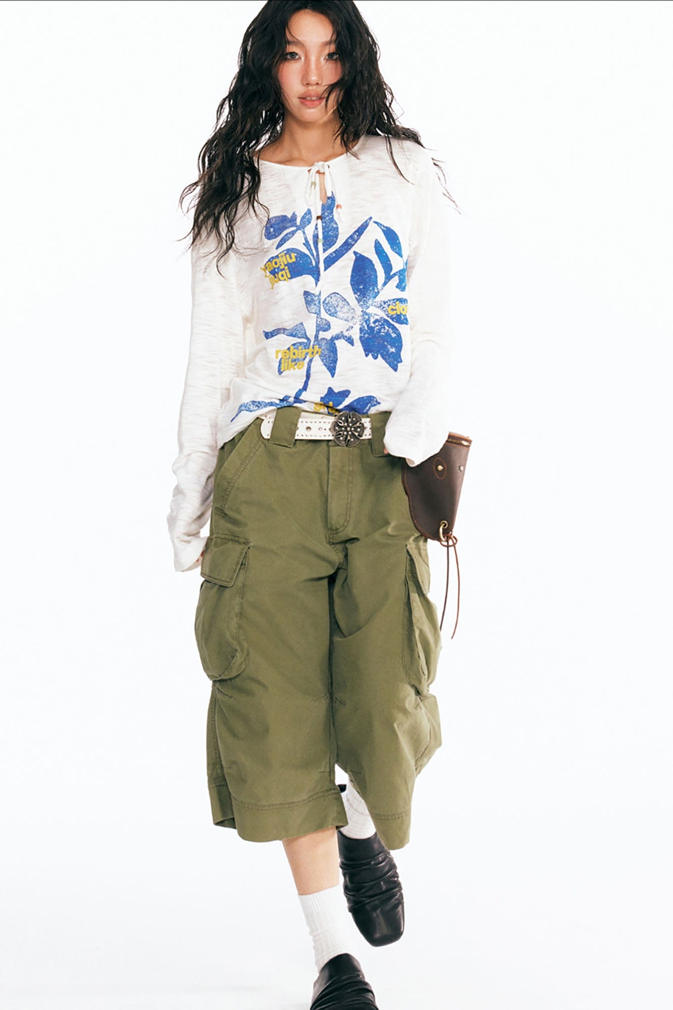 1997 POSTOFFICE Sesame Leaves Drawstring Neck Long-Sleeve Tee-L/S Tee-S-White-Free Shipping Leatheretro