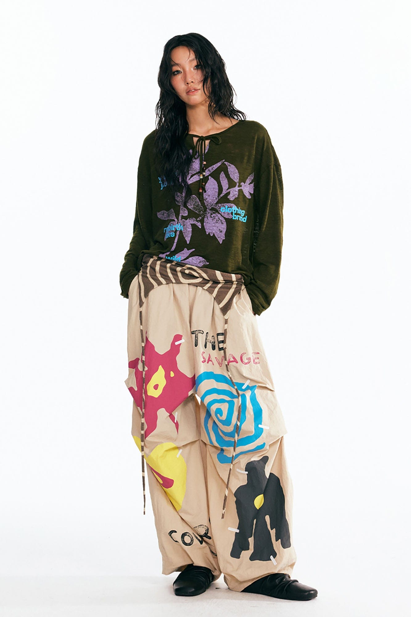 1997 POSTOFFICE Sesame Leaves Drawstring Neck Long-Sleeve Tee-L/S Tee-S-White-Free Shipping Leatheretro