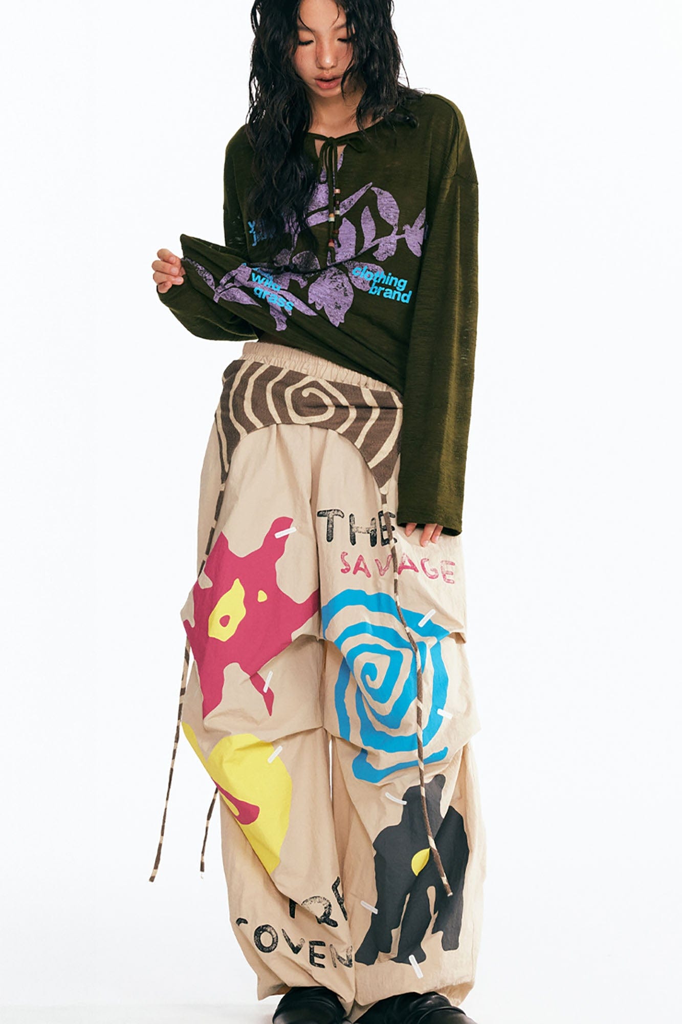 1997 POSTOFFICE Sesame Leaves Drawstring Neck Long-Sleeve Tee-L/S Tee-S-White-Free Shipping Leatheretro