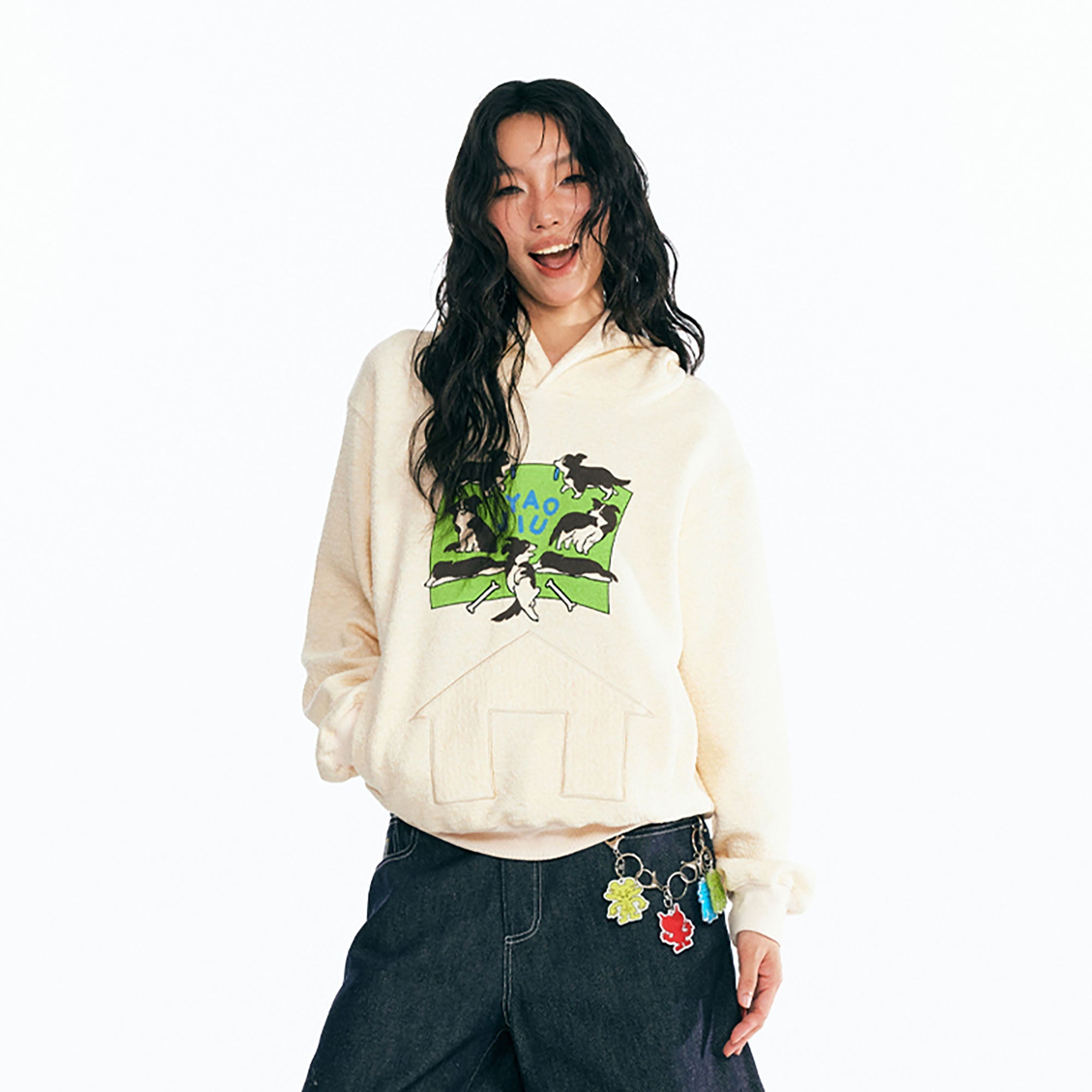 1997 POSTOFFICE Puppy Paradise Graphic Oversized Hoodie-Hoodie-S-Beige-Free Shipping Leatheretro