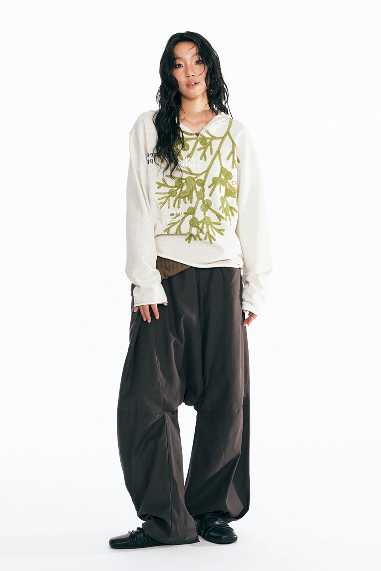 1997 POSTOFFICE Sesame Leaf Embroidered V-Neck Hoodie-Hoodie-S-Free Shipping Leatheretro