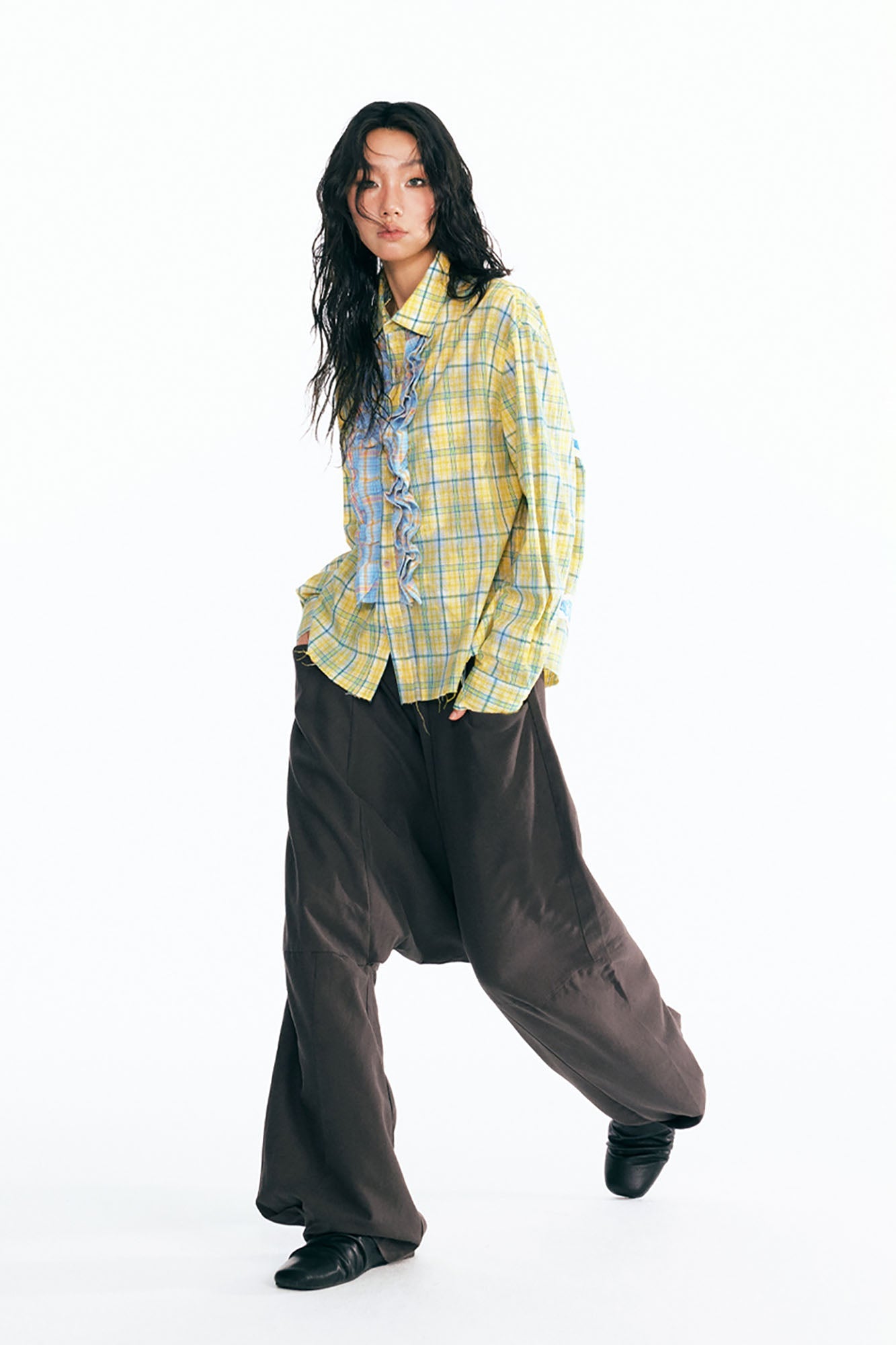 1997 POSTOFFICE Sesame Leaf Patch Ruffle Plaid Shirt-Shirt-S-Free Shipping Leatheretro