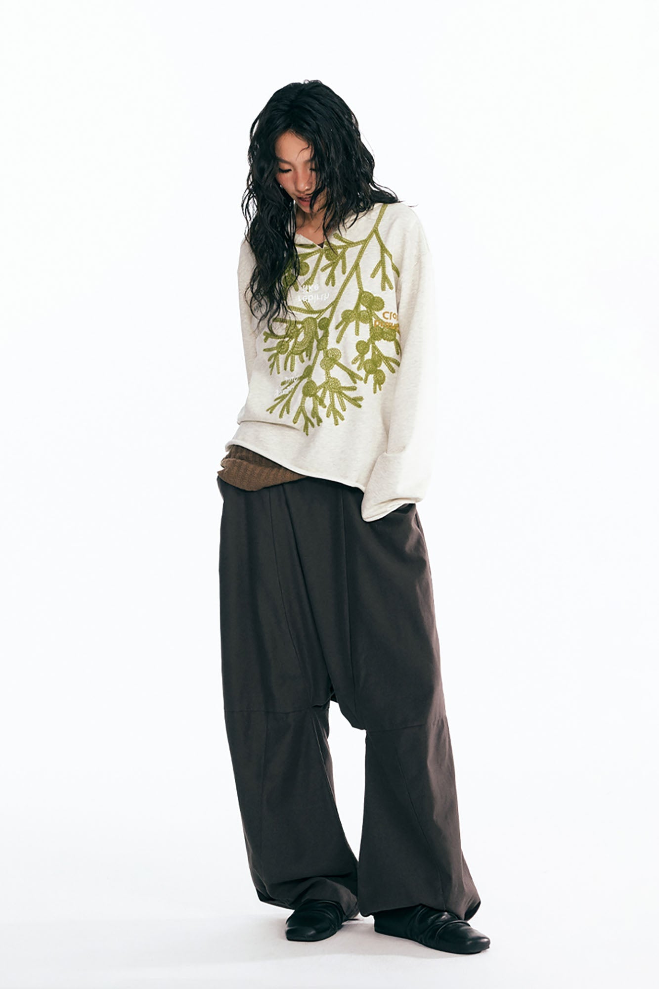 1997 POSTOFFICE Sesame Leaf Embroidered V-Neck Hoodie-Hoodie-S-Free Shipping Leatheretro