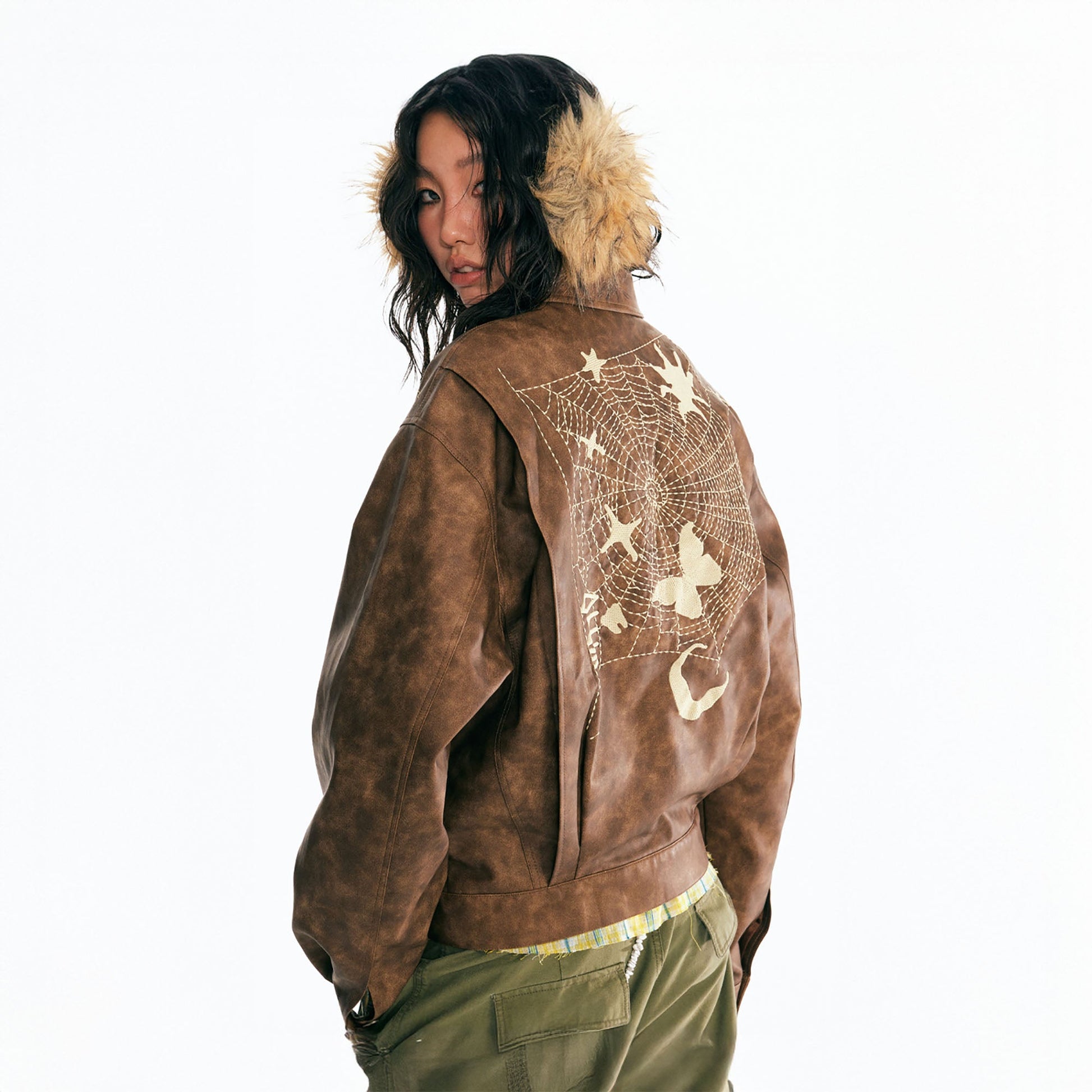 1997 POSTOFFICE Dreamcatcher Graphic Faux Leather Jacket-Jacket-S-Coffee-Free Shipping Leatheretro