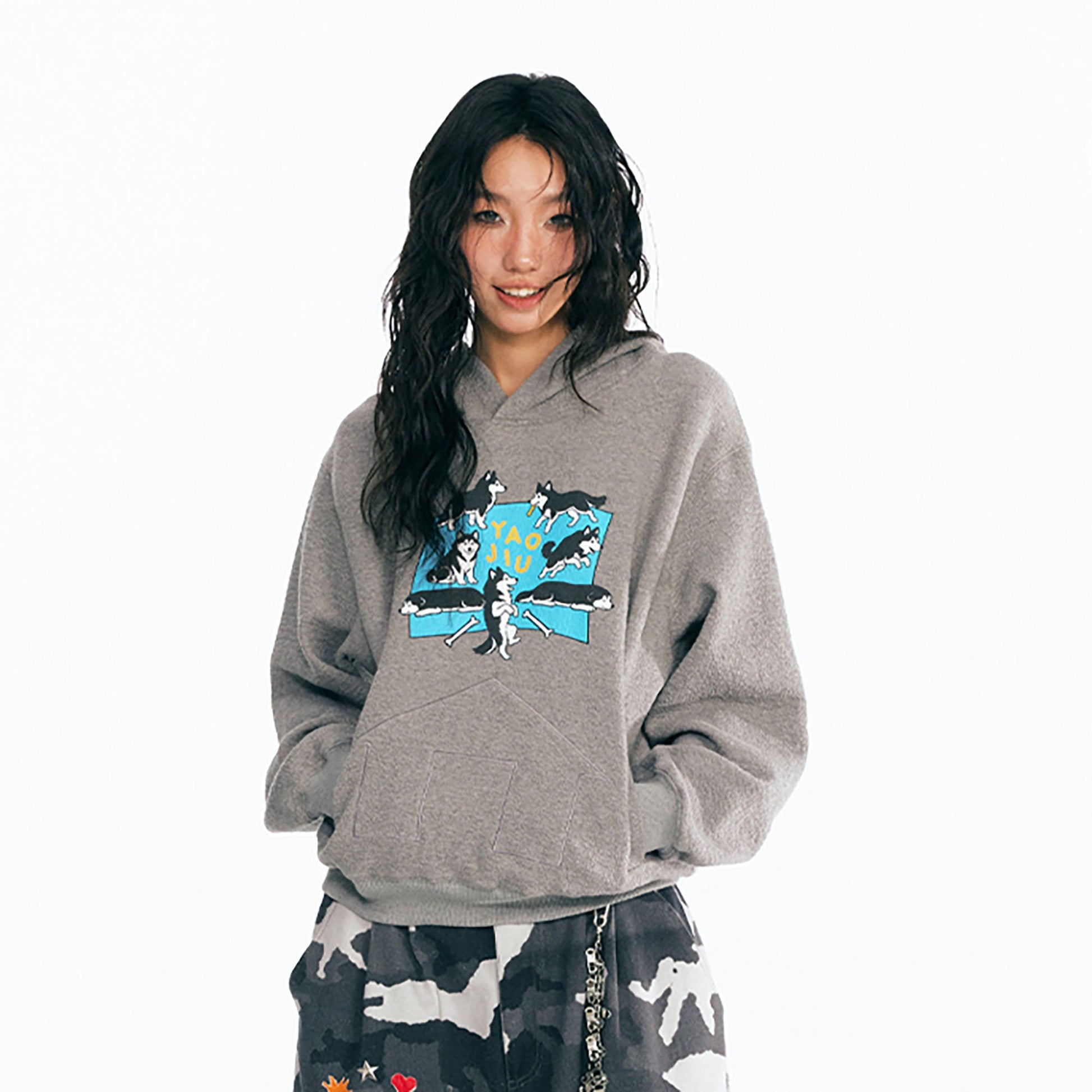 1997 POSTOFFICE Puppy Paradise Graphic Oversized Hoodie-Hoodie-S-Gray-Free Shipping Leatheretro