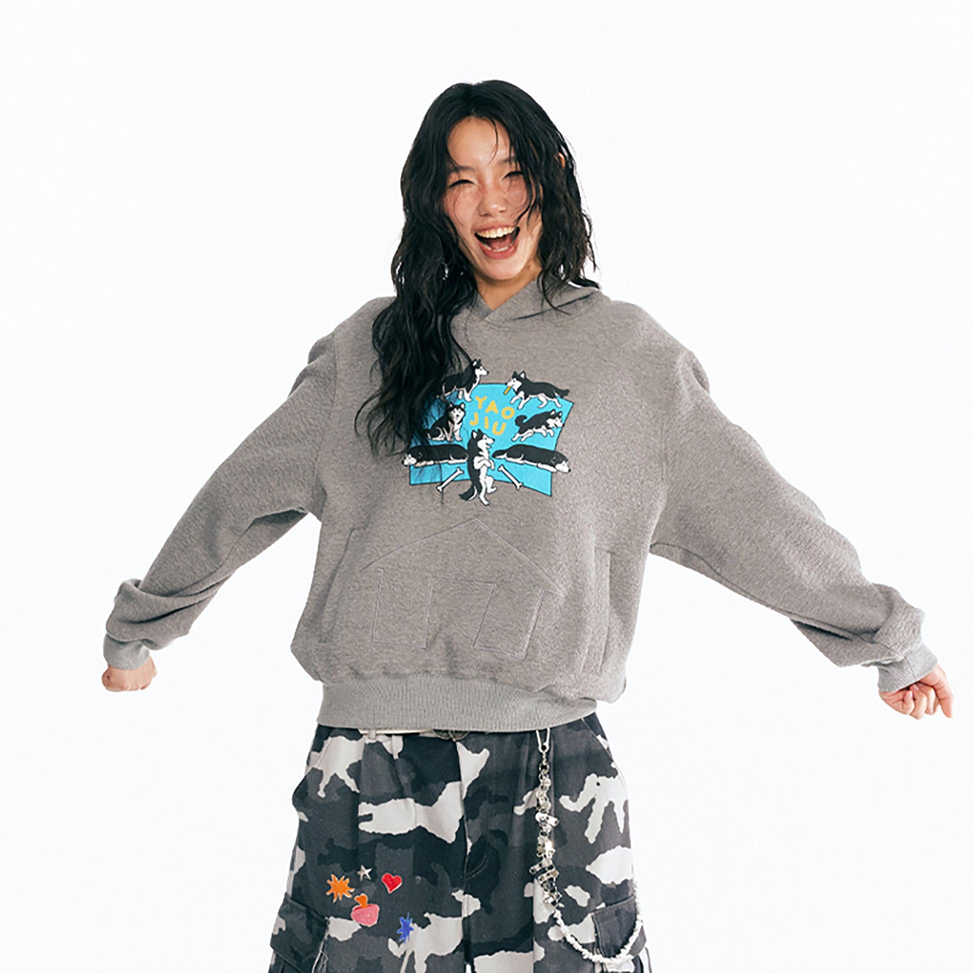 1997 POSTOFFICE Puppy Paradise Graphic Oversized Hoodie-Hoodie-S-Beige-Free Shipping Leatheretro