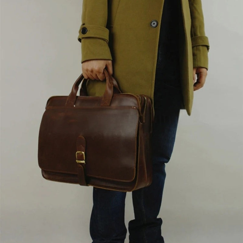 Luxury Leather Business Briefcase - Men Shoulder Portfolio Laptop Bag-Briefcase-Dark Coffee-Free Shipping Leatheretro