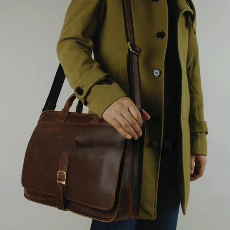 Luxury Leather Business Briefcase - Men Shoulder Portfolio Laptop Bag-Briefcase-Dark Coffee-Free Shipping Leatheretro