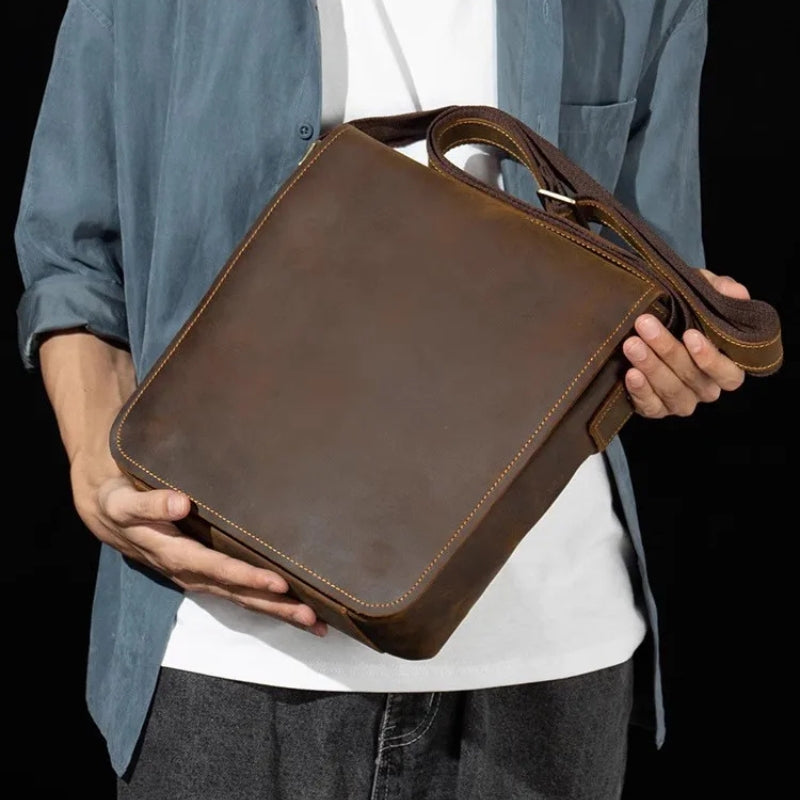 Handmade Crazy Horse Leather Messenger Bag - Retro Men Leather Bags-Messenger Bag-Dark Grey-Free Shipping Leatheretro