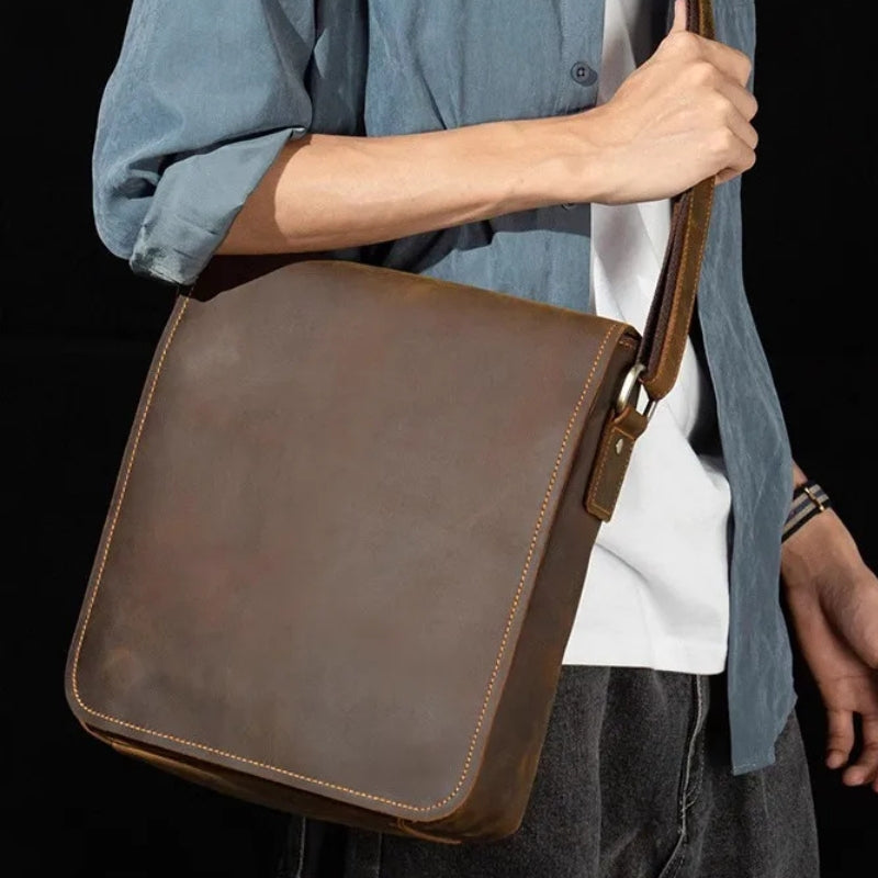 Handmade Crazy Horse Leather Messenger Bag - Retro Men Leather Bags-Messenger Bag-Dark Grey-Free Shipping Leatheretro