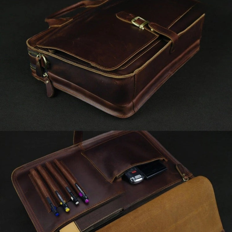 Luxury Leather Business Briefcase - Men Shoulder Portfolio Laptop Bag-Briefcase-Dark Coffee-Free Shipping Leatheretro