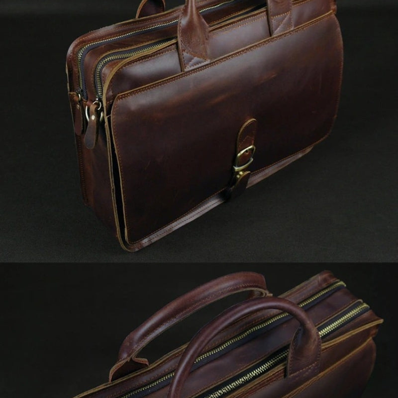 Luxury Leather Business Briefcase - Men Shoulder Portfolio Laptop Bag-Briefcase-Dark Coffee-Free Shipping Leatheretro