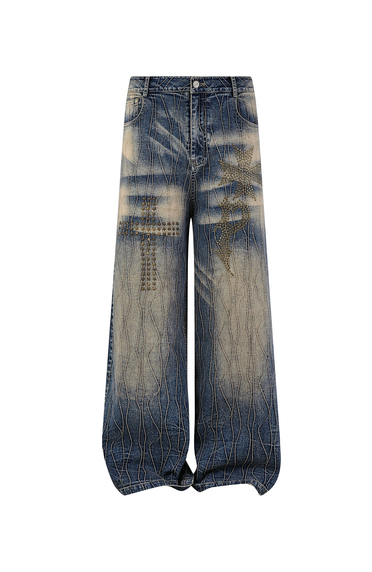 PASET Cross And Star Studded Wide-Leg Jeans-Jeans-S / 28"-Free Shipping Leatheretro