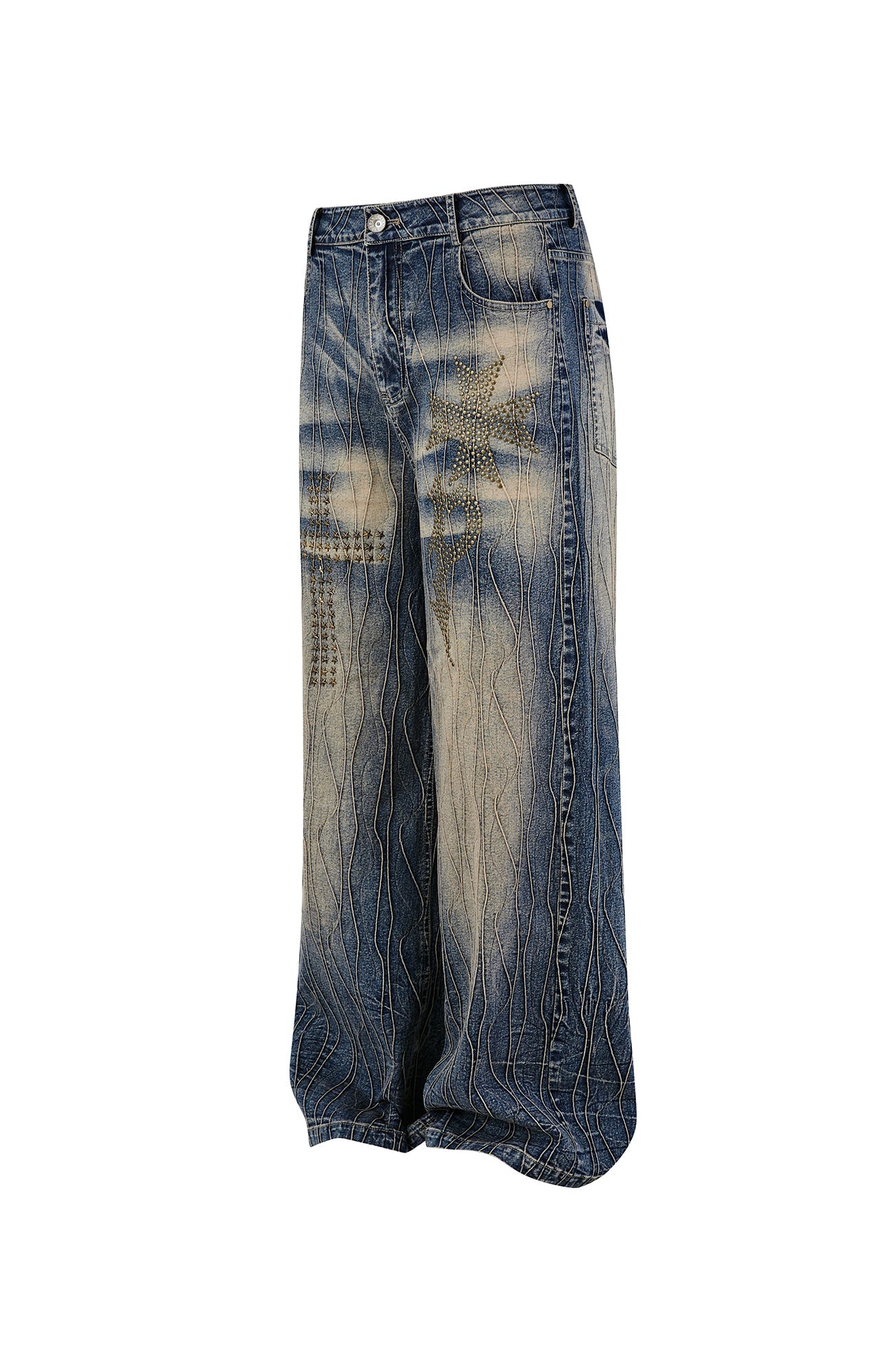 PASET Cross And Star Studded Wide-Leg Jeans-Jeans-S / 28"-Free Shipping Leatheretro