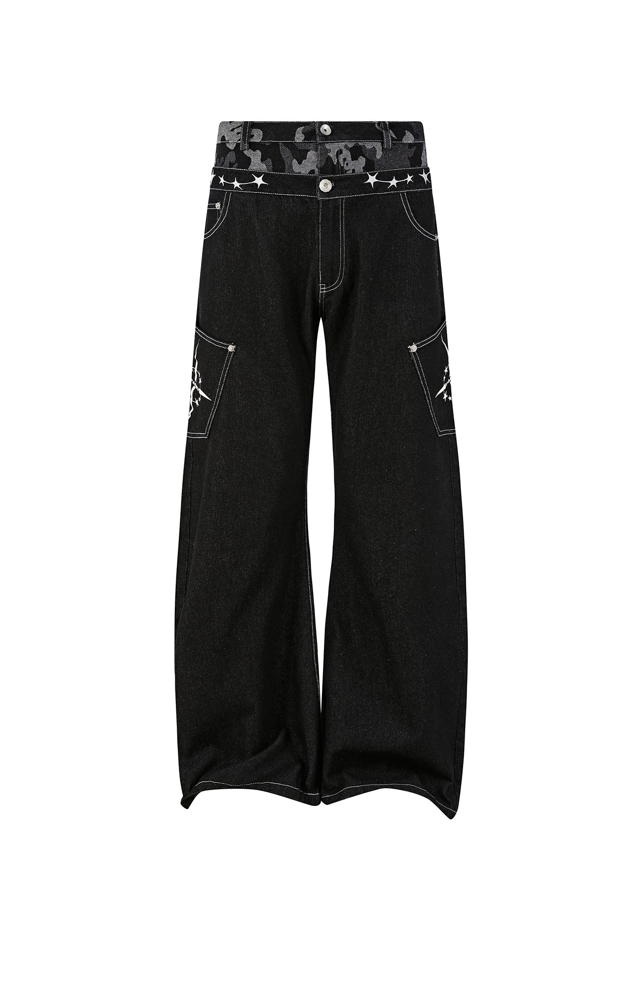 PASET Camo Double Waist Embroidered Jeans-Jeans-S / 28"-Free Shipping Leatheretro